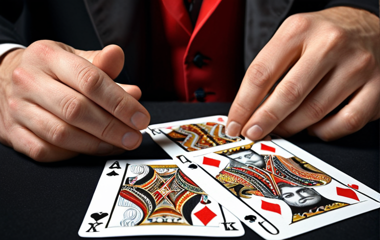 ** A magician's hands performing a card trick, close-up. Focus on the dexterity and sleight of hand, but without revealing the secret. Emphasize mystery and intrigue. Consider using a shallow depth of field to blur the background and draw attention to the hands.
**