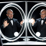 ** A magician skillfully manipulating light and mirrors, creating a disappearing act. Focus on the interplay of physics and illusion, emphasizing the deception of perception.

**