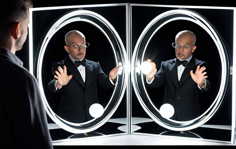 ** A magician skillfully manipulating light and mirrors, creating a disappearing act. Focus on the interplay of physics and illusion, emphasizing the deception of perception.
**