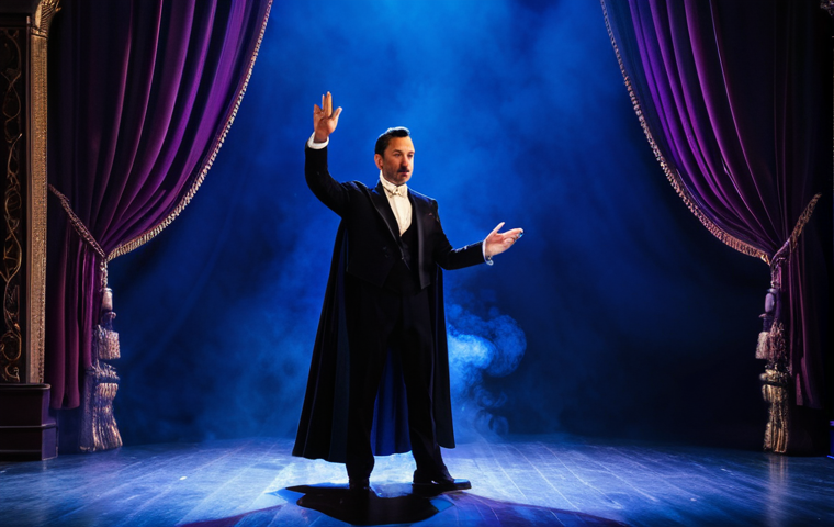 A professional male magician in a dark, elegant, modest tuxedo and a flowing cape, standing center stage. Dramatic spotlights in vibrant hues of deep blue and purple illuminate the scene, casting long shadows. Thick, atmospheric stage smoke billows around him, partially obscuring a large, ornate illusion prop. The magician is performing a subtle hand gesture, his expression focused and mysterious. The background is a grand, theatrical stage, with lush velvet curtains partially visible. Perfect anatomy, correct proportions, natural pose, well-formed hands, proper finger count. Professional photography, high detail, high quality, safe for work, appropriate content, fully clothed, family-friendly.
