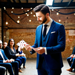**

"A professional magician, fully clothed in a modest, modern suit, performing a card trick in a repurposed warehouse event space. The warehouse has exposed brick and string lights, giving a trendy, urban feel. The audience is diverse and engaged. Safe for work, appropriate content, perfect anatomy, correct proportions, well-formed hands, professional photography, high quality, family-friendly, modest."

**