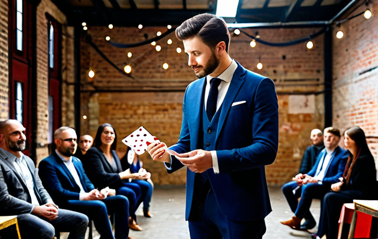 **

"A professional magician, fully clothed in a modest, modern suit, performing a card trick in a repurposed warehouse event space. The warehouse has exposed brick and string lights, giving a trendy, urban feel. The audience is diverse and engaged. Safe for work, appropriate content, perfect anatomy, correct proportions, well-formed hands, professional photography, high quality, family-friendly, modest."

**