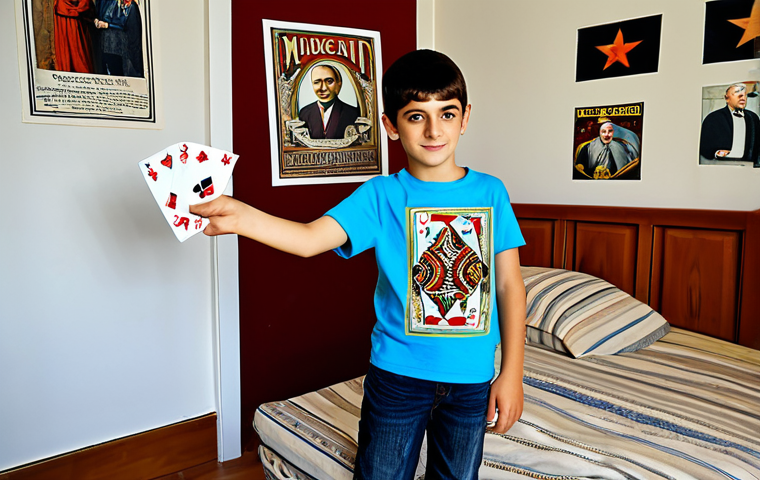 마술 입문자용 도구 - The Apprentice Magician**
"A young Turkish boy, around 10 years old, with bright, curious eyes, pra...