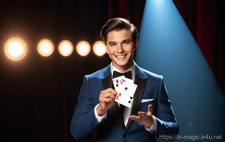 마술을 통해 배우는 자신감 - A Shining Star on Stage**
A young, confident male magician, dressed in a sharp, modern suit (e.g., d...